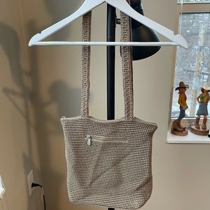 The Sak crochet handbag, over the shoulder